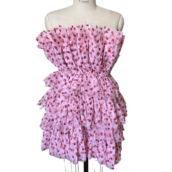 Mable Glitter Red Heart on Pink Chiffon Mini Strapless Party Dress Size Small - Picture 1 of 6